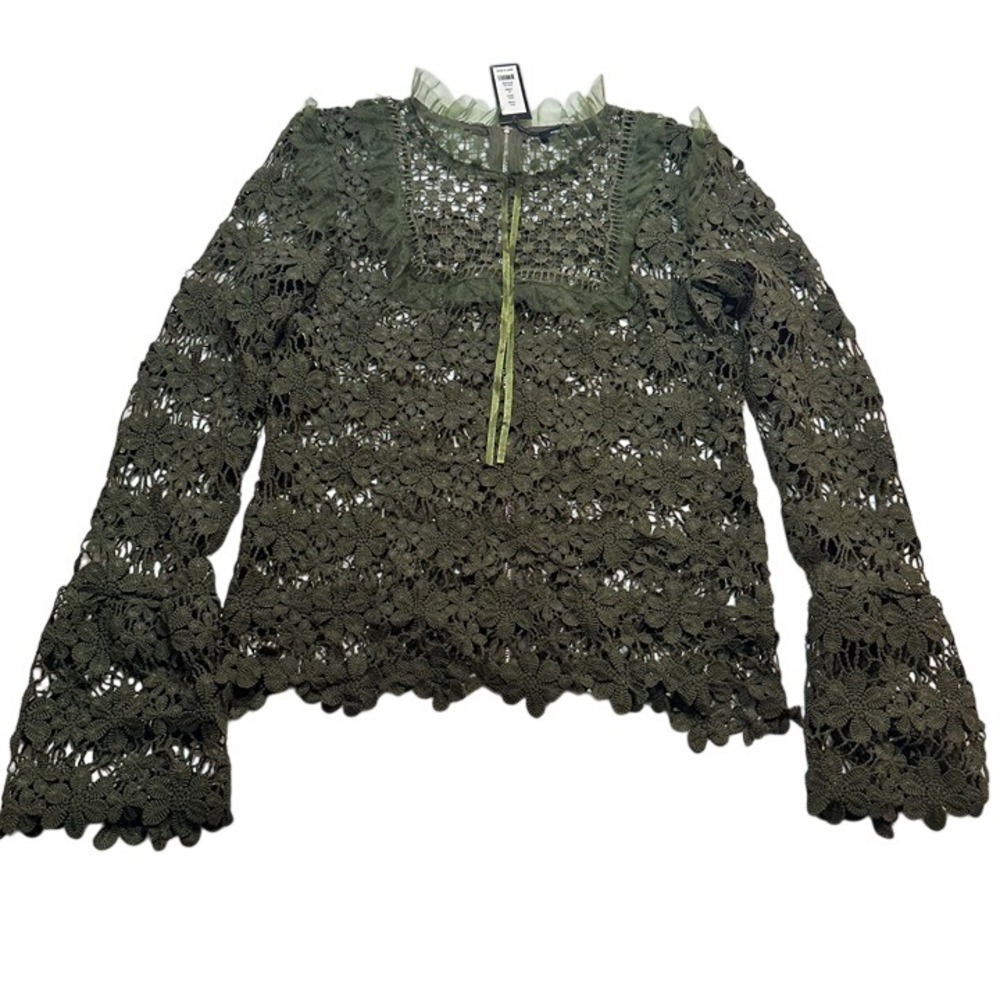 Romeo + Juliet Couture Olive Green Floral Crochet Lace Bell Sleeve Top RJ41029